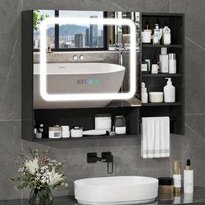 Produktbild von Puluomis Spiegelschrank Bad 80cm mit 3 färbiger dimmbarer Beleuchtung, Digitaler Uhr Handtuchhalter Antibeschlag Badezimmerschrank Wandschrank schwarz