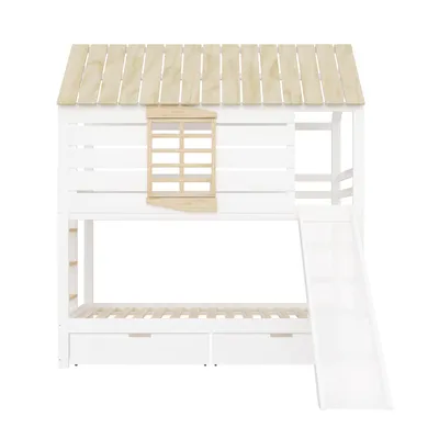 Produktbild von Merax Haus-Etagenbett 90x200 cm mit Rutsche und 2 Schubladen, Kinderbett, Jugendbett aus Holz für 2 Kinder, Stockbett Hochbett, Weiß+Natur