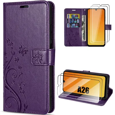 Image de Coque + 2 Verres Trempés pour Samsung Galaxy A26 5G, Protection Antichoc Synthécuir Motif Floral Papillon Violet Nuit