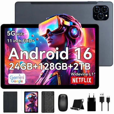 Productafbeelding van KINGRID T90 Tablet, 11 inch, Android 16, 24GB (8+16) RAM + 128GB ROM (uitbreidbaar tot 2TB met TF-kaart), 5G WiFi, ondersteuning voor stylus/muis/toetsenbord, 8000mAh batterij, 16MP + 8MP camera, Widevine L1, Gemini AI tablet