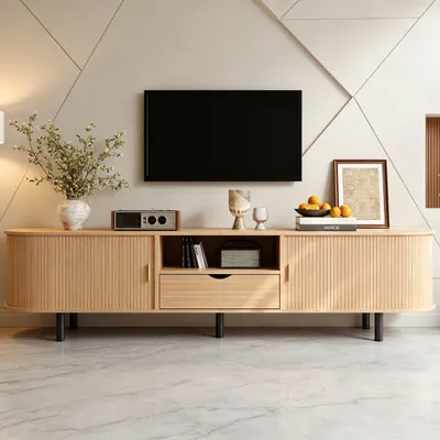 Produktbild von Merax TV Lowboard Rundform mit Rollo-Tür, TV-Schrank mit Schublade und offenen Fächern, modernes TV-Board mit Kabeldurchlässe aus MDF, Natur
