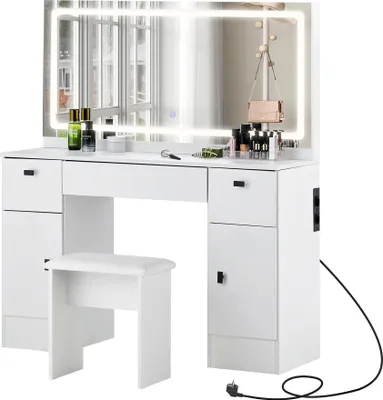 Image de Coiffeuse CLIPOP avec station de charge, miroir LED, 3 tiroirs et 2 armoires, tabouret, blanc