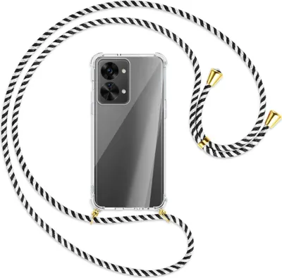 Produktbild von Handykette Backcover-Schutzhülle mit Band (Metall goldfarben) für OnePlus Nord 2T (CPH2399, 6.43'') - schwarz/weiß gestreift