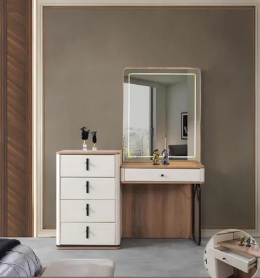 Image de Ensemble de chambre à coucher élégant comprenant un lit, deux tables de chevet et une coiffeuse