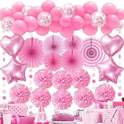 Produktbild von Party Deko Set Rosa Papierfächer Pompons Luftballons für Hochzeit Geburtstag Babydusche