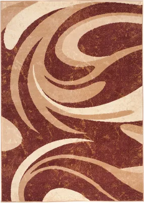 A close-up, top-down view of a rug with a swirling abstract pattern.
