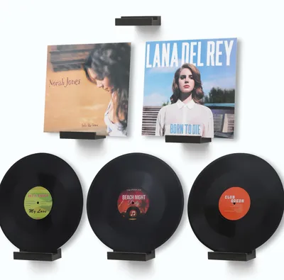 Image de Étagère murale pour disques vinyles en chêne massif, support pour rangement de vinyles, étagères suspendues (noir rustique, 6 pièces)