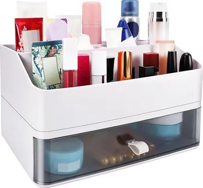 Produktbild von Unyqoos® Kosmetik-Organizer Weiß – Make-up-Organizer mit 5 Fächern & transparenter Schublade, 27,8 x 20 x 16 cm, Kunststoff, für Make-up, Pinsel und Schmuck