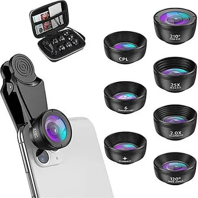 Produktbild von AIORBER 7-in-1 Handy Kamera Objektiv Kit, für smartphone,25X Makro, 210° Fischauge, 120° Weitwinkel, 2X Teleobjektiv, Sternfilter, Kaleidoskop,Schwarz