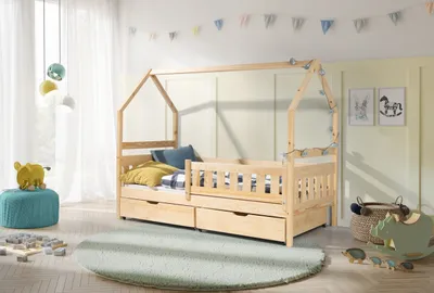 Produktbild von KEF EMMA Kinderbett 80x170 cm Hausbett Zwei Kinder Bodenbett aus Holz mit Lattenrost mit Rollen Jugendbett Kinderzimmer Naturbelassen