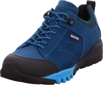 A single blue hiking shoe is shown against a white background.