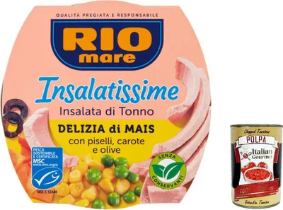 Produktbild von 3x Rio Mare Tonno Insalatissime Delizia Mais e Tonno Mais und Thunfisch 160g + Italian Gourmet polpa 400g