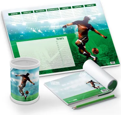 Produktbild von itenga Schreibtisch-Set Fußball 3-teilig Schreibtischunterlage Stifteköcher Notizblock