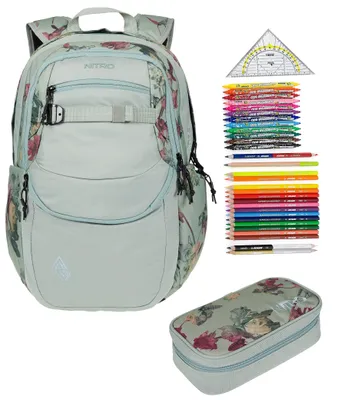 Produktbild von Schulrucksack Mädchen 3 Teile Set Nitro Future Hero Schultasche inkl. Mäppchen Box XL und Mäppchen Füllung 31 Teile Tasche grün rosa Dead Flower +rmv