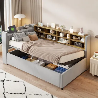 Obrázek produktu pro Flieks čalouněná postel 90x200cm s funkcí nabíjení a nočním světlem, denní rozkládací pohovka s opěradlem a úložným prostorem, postel pro mládež, dětská postel sametová, světle šedá