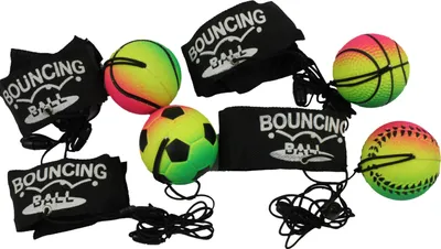 Produktbild von 4er Set Neon-Springball/Returnball/Flummi, Armband & Schnur, Safety Clip, Fußball/Tennisball/Basketball/Baseball Ø4,7cm