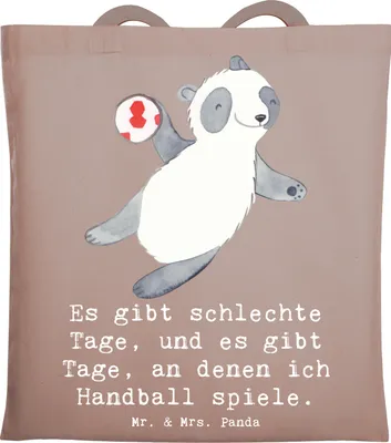 Produktbild von Mr. & Mrs. Panda Jutebeutel Panda Handball spielen - Braun Pastell - Geschenk, Turnier, Tasche, Shopping, Laptoptasche, Club, Tote Bag, Beutel, Verein