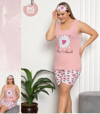Produktbild von Damen Große Größen Pyjama Lachsfarbe XL Shorty Kurz 3-Teiler Set mit Augenband C-29