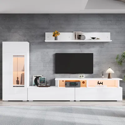 Obrázek produktu pro okwish Obývací nábytková sestava s LED osvětlením, 3dílná obývací stěna s úložným prostorem, TV nábytek s vitrínou a nástěnnou policí, pro televizory až do 75 palců, bílá
