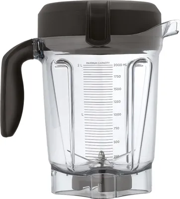 A clear studio shot of a blender jar with its lid.
