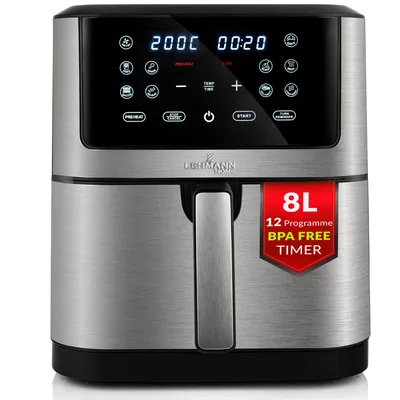 A silver and black air fryer is shown against a white background. The digital display shows cooking information, and a red badge highlights product features.