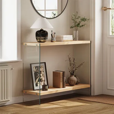 Produktbild von WISFOR Konsolentisch mit 2 Ablagen, Flurtisch, Beistelltisch, Sofatisch, Gestell aus Hartglas, Flur, Wohnzimmer, 100 x 30 x 76 cm