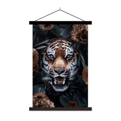 Produktbild von MuchoWow® Textilposter Porträt - Tiger - Blumen 120x180 cm mit schwarzem Rahmen - Fotos