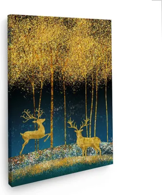 Produktbild von Wandbild Leinwandbild abstrakt Hirsche Gold Style Kunstdruck XXL Wanddeko: 80x120x4cm