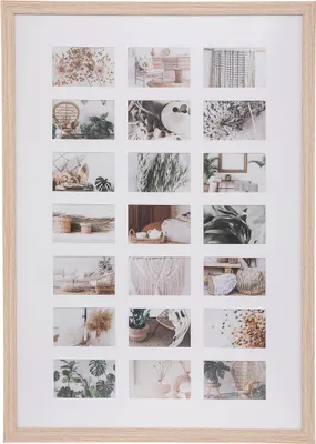 A collage of 21 small photos arranged in a grid within a wooden frame, showcasing various home decor items and natural elements.