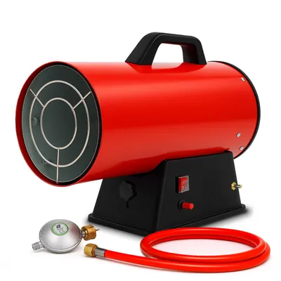 A red and black gas heater with accessories on a white background.
