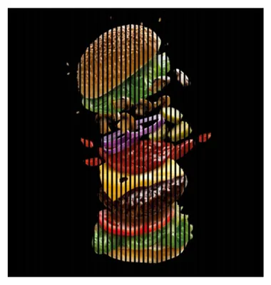 Produktbild von Akustikpaneele mit Digitaldruck Burger01 19 x 2253 x 2400 mm Burger MDF PET-Fasern Wandpaneele Grün Gelb Braun Rot Lila 4 Einzelplatten