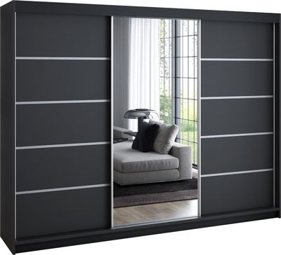 Schwebetürenschrank, 3-türig Schrank 200 cm mit 4 Schubladen, und Spiegel, Retrostil  Premum! Moderne Garderobe für Kleidung. Verschiedene Farben (Weiß, Schwarz, Somona) Kleiderschrank VILI 1