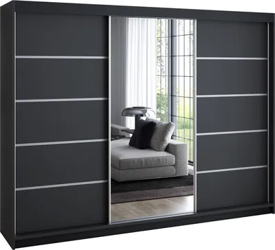 A modern sliding door wardrobe with mirrored panels, reflecting a living room interior.