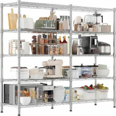 Image de Étagère de rangement professionnelle en métal à 5 niveaux - Étagère en fil métallique réglable 46 × 183 × 183 cm pour garage, cuisine ou garde-manger, couleur argent
