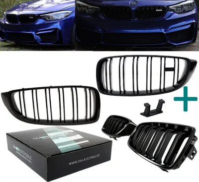 Produktbild von 2x Kühlergrill Schwarz Glanz Doppelsteg +Emblemhalter passend für BMW 4er F32 F33 F36 auch  M4 + M alle Modelle