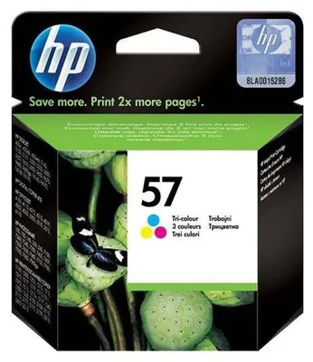 The image shows the packaging of an HP 57 tri-color ink cartridge.
