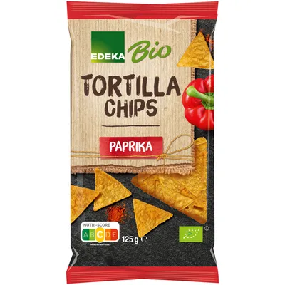 Produktbild von Edeka  Tortillachips Paprika Mais-Chips mit Paprikageschmack (125g Packung) + usy Block