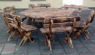 Produktbild von Rustikale Gartenmöbel SZ-OP aus geflammtem Holz – Tisch + 6  Bänke mit Rückenlehne