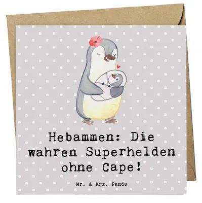 Produktbild von Mr. & Mrs. Panda Grußkarte Hebamme Superheld - Grau Pastell - Geschenk, anlasskarte, Hebammenarbeit, Glückwunschkarte, Berufsprodukte, Einfühlungsvermögen, Beruf, Baby