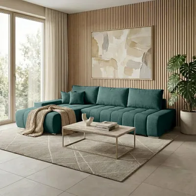 Produktbild von Beautysofa DRACO L Ecksofa mit Schlaffunktion & Bettkasten 267 cm - Schlafsofa, Bettsofa, Couch L-Form, Seitenausführung Links – Dunkelgrün Barrel 39