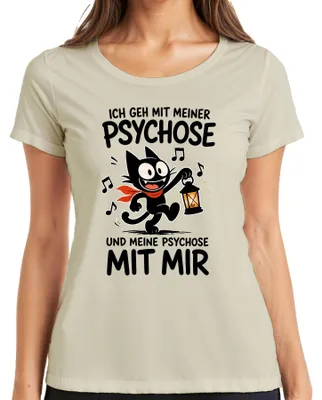 Immagine prodotto di Maglietta da donna con scritta "La mia psicosi: gatto nero", stile sarcastico, colore naturale, taglia XXL