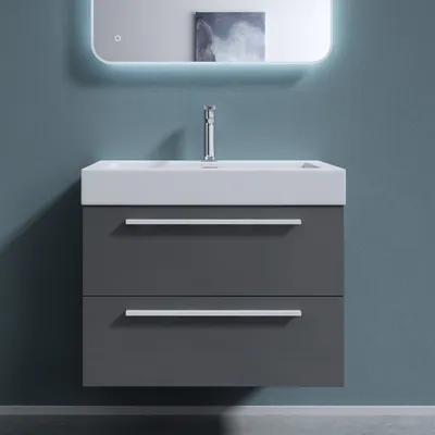 Produktbild von doporro Badmöbelset Waschbeckenunterschrank 100cm, Unterschrank in Glänzend grau mit Mineralguss-Waschbecken Quadratto