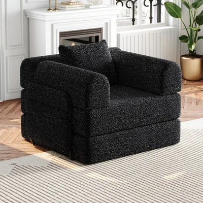 Image de OKWISH Canapé-Lit 2 en 1 Convertible, Modulable avec Rangement dans Accoudoir, Chenille Noir, Cadre Métallique