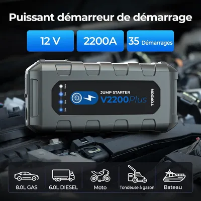 Image de Démarreur de secours pour voiture et batterie de démarrage d'urgence avec un courant de démarrage de 2200A et un testeur de batterie Bluetooth
