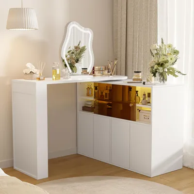Produktbild von Flieks Schminktisch mit Spiegel, Schminkspiegel mit Led, Frisiertisch mit Drehbarer Tischplatte, Schminkkommode mit Led, 177x40x131.5, Weiß