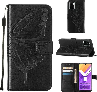 Produktbild von VIVO Y15S 2021 Hülle, Schmetterling Prägung Flip Leder Kartenfächer Schutzhülle Ledertasche mit Ständer für VIVO Y15S 2021 / Y15A Schwarz
