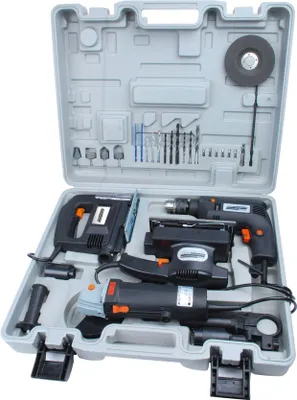 Produktbild von Brüder Mannesmann Werkzeugmaschinen-Set  4-teilig - Schlagbohrer, Schwingschleifer, Winkelschleifer, Stichsäge 12555