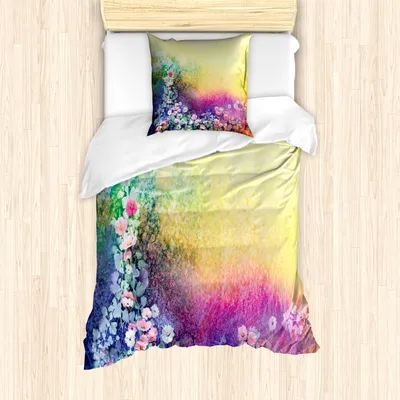 Produktbild von ABAKUHAUS Blume Mantele, Frühlingsblumen Ivy Kunst, Milbensicher Allergiker geeignet mit Kissenbezügen, 135 cm x 200 cm - 80 x 80 cm, Lila, Gelb, Multicolor