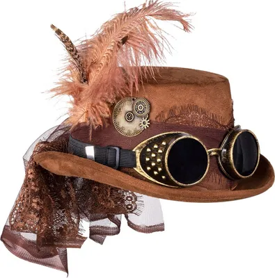 Steampunk Zylinder Deluxe braun mit Schweißerbrille & Federn für Erwachsene Kostüm-Zubehör Zeitreisende Gothic Fasching Karneval Mottoparty Hut