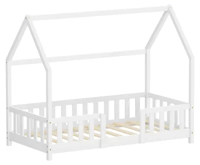 Zdjęcie produktu dla Łóżeczko dziecięce ML-Design 80 x 160 cm z zabezpieczeniem przed wypadnięciem, daszkiem i stelażem, białe łóżko Montessori z litego drewna sosnowego, łóżko w kształcie domku dla dziewczynek i chłopców